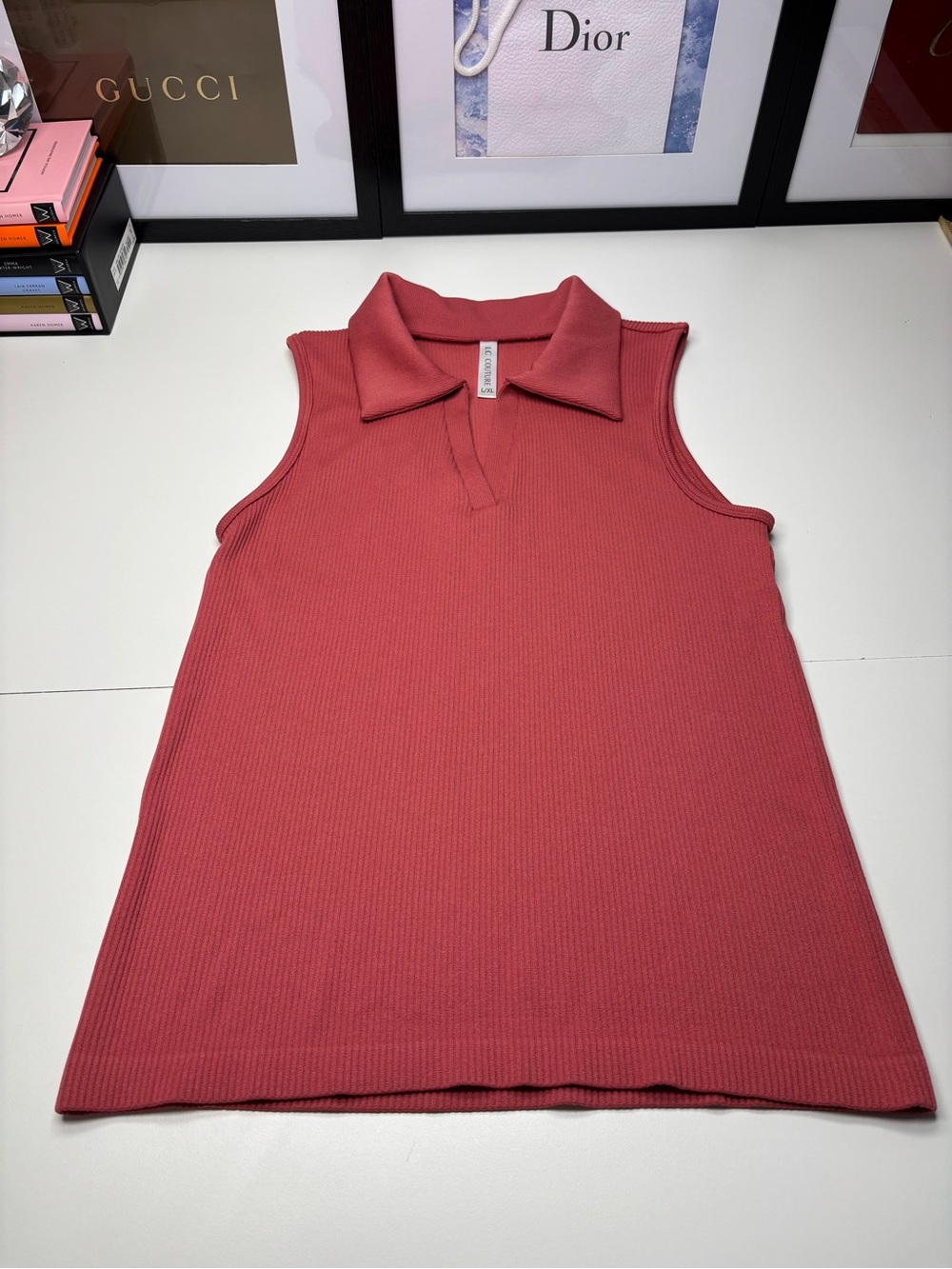 LC Couture Dark Coral Ribbed Sleeveless Polo Tank Top L/XL NWOT